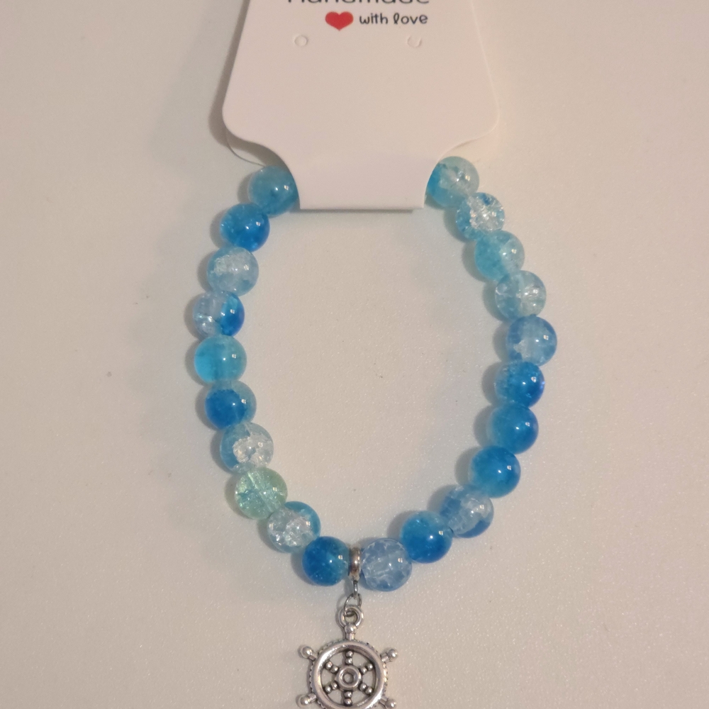 Glass Blue Beaded Bracelet With Helm Charm